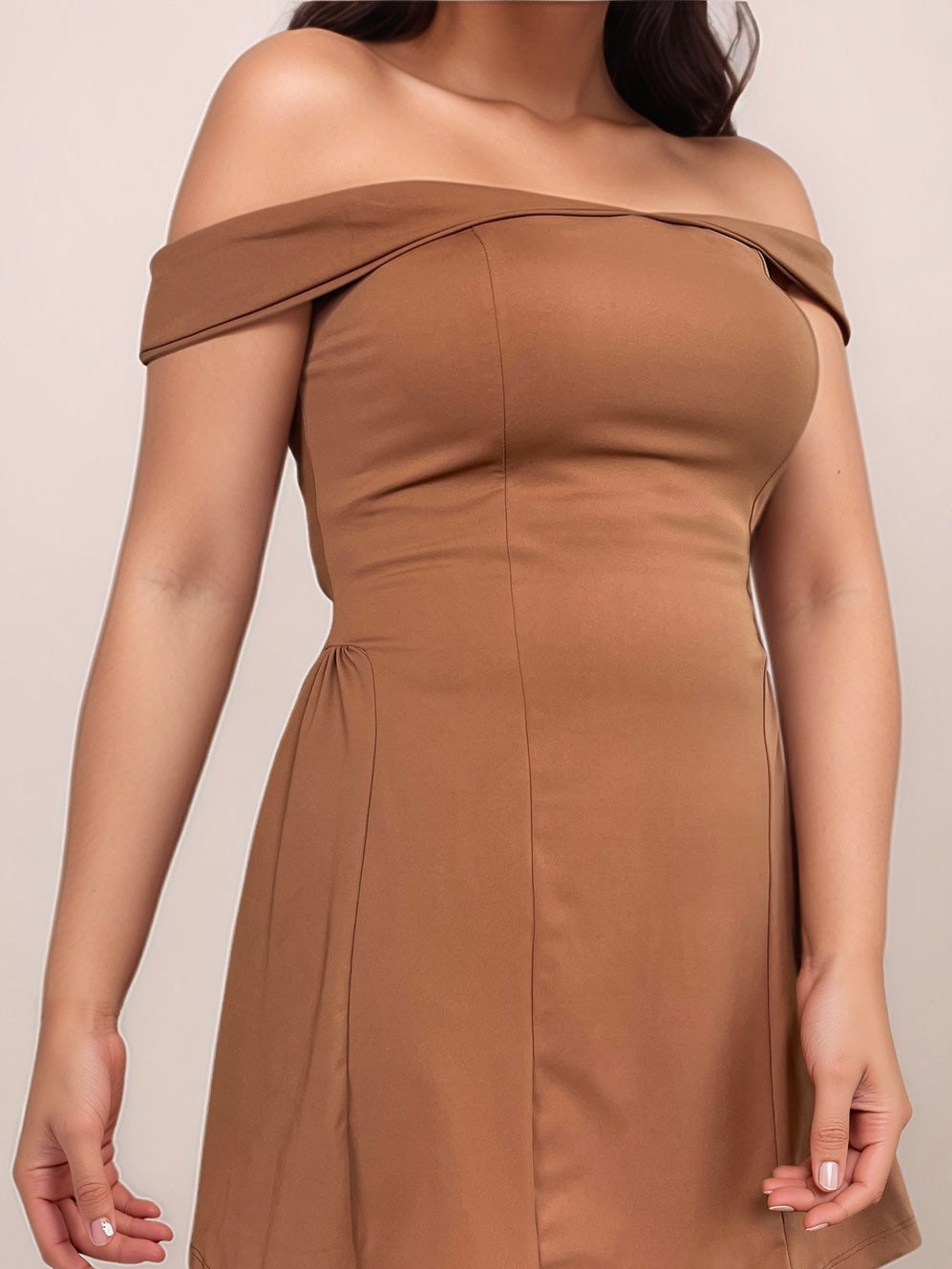 Venus Off Shoulder Short Dress In Mocha Mousse
