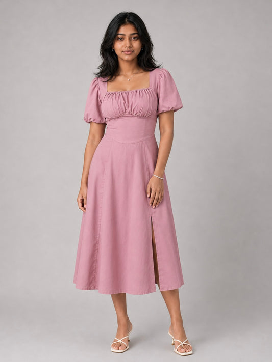 Tula Midi Dress With Basque Waist In Soft Pink