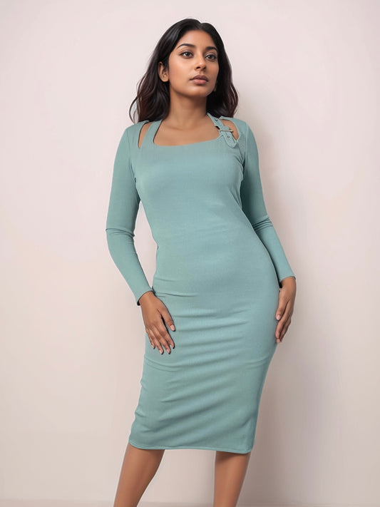 Verona Midi Rib Dress With Buckle Detail In Dusty Teal
