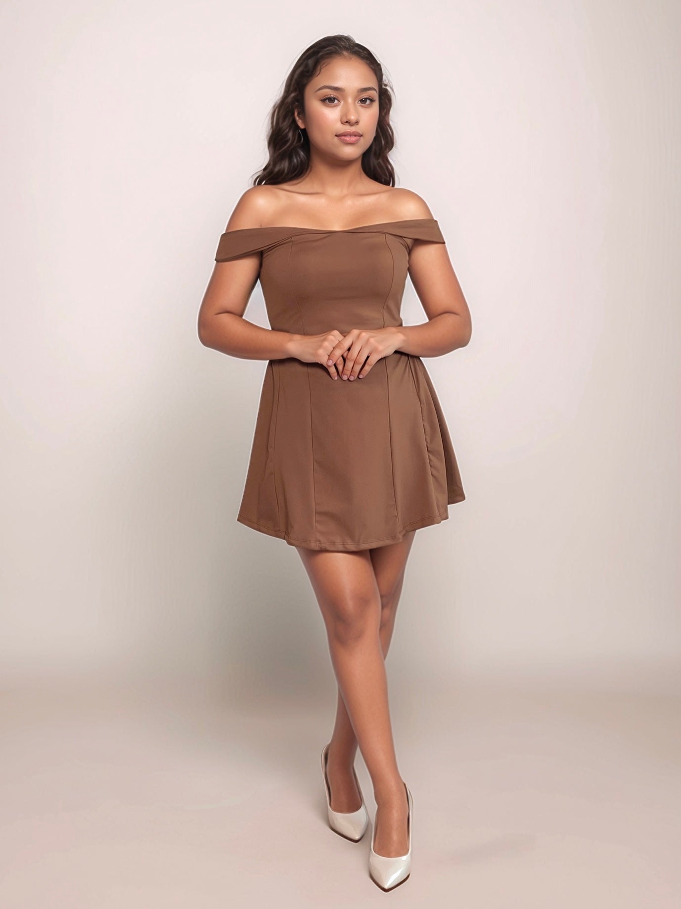 Venus Off Shoulder Short Dress In Mocha Mousse