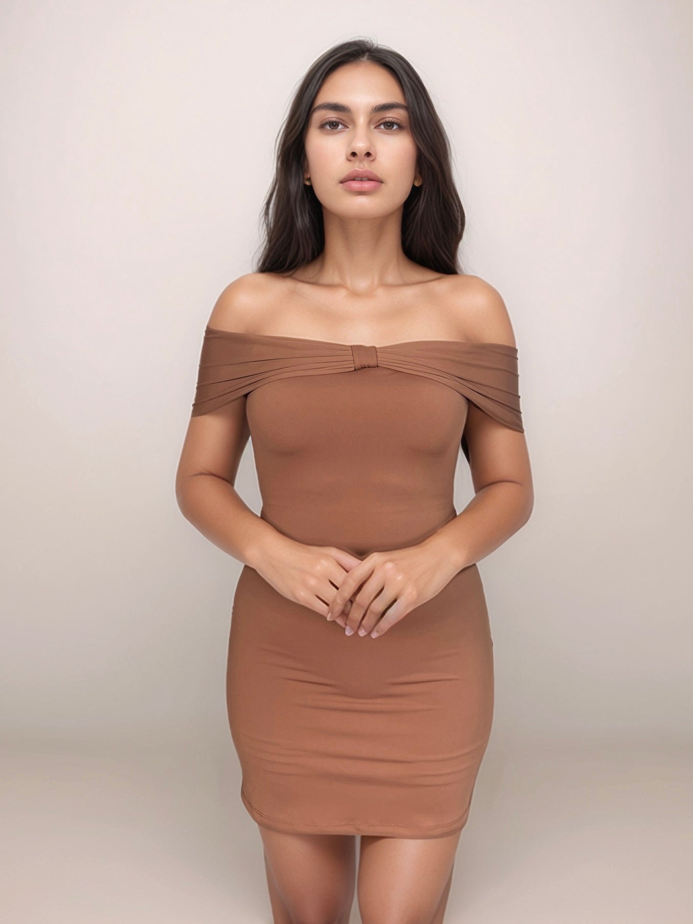 Diana Off Shoulder Mini Dress With Bow In Mocha Mousse