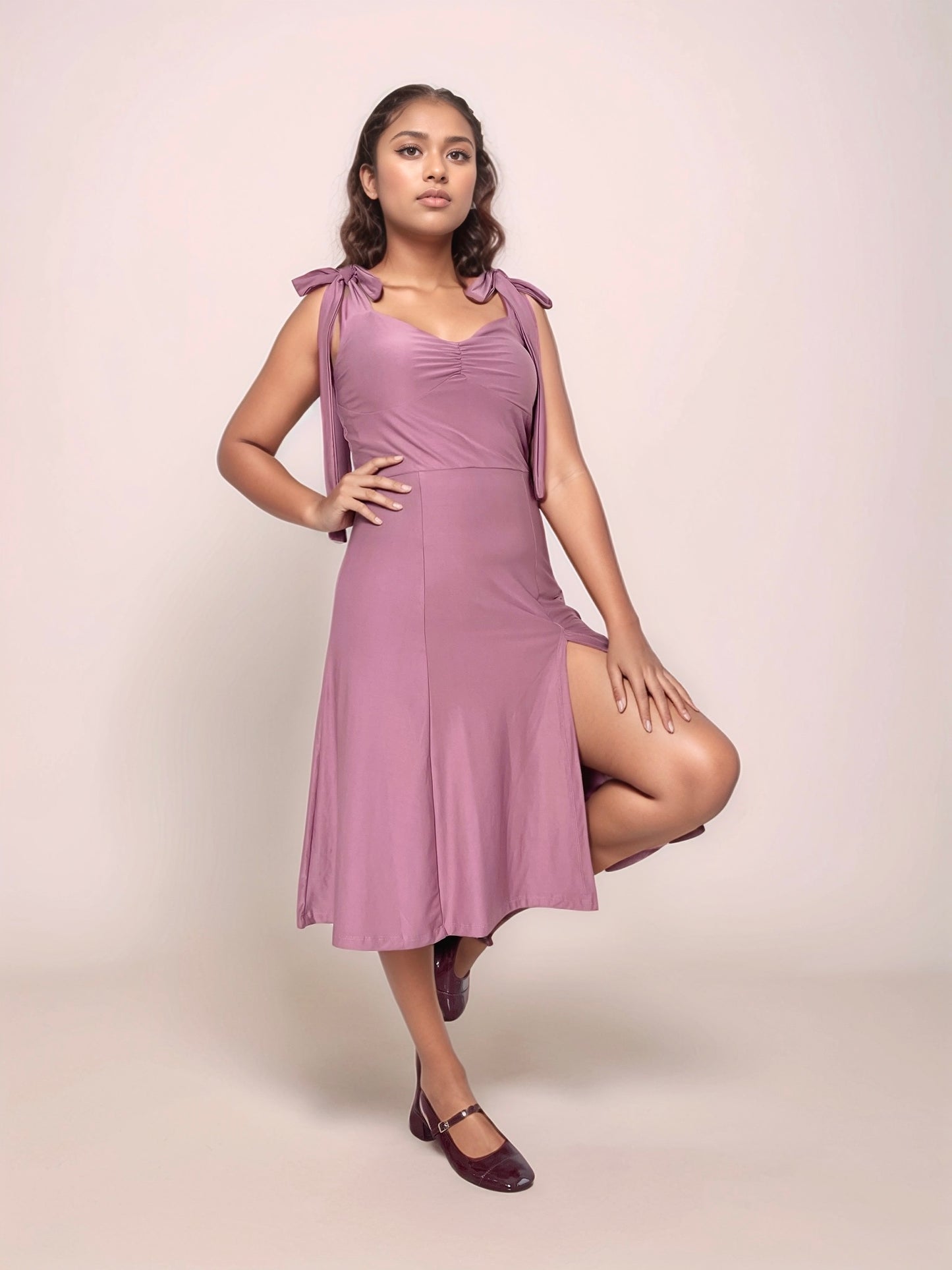 Talia Midi Dress With Tie Up Straps In Dusty Pink