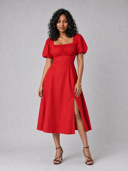 Tula Midi Dress With Basque Waist In Red