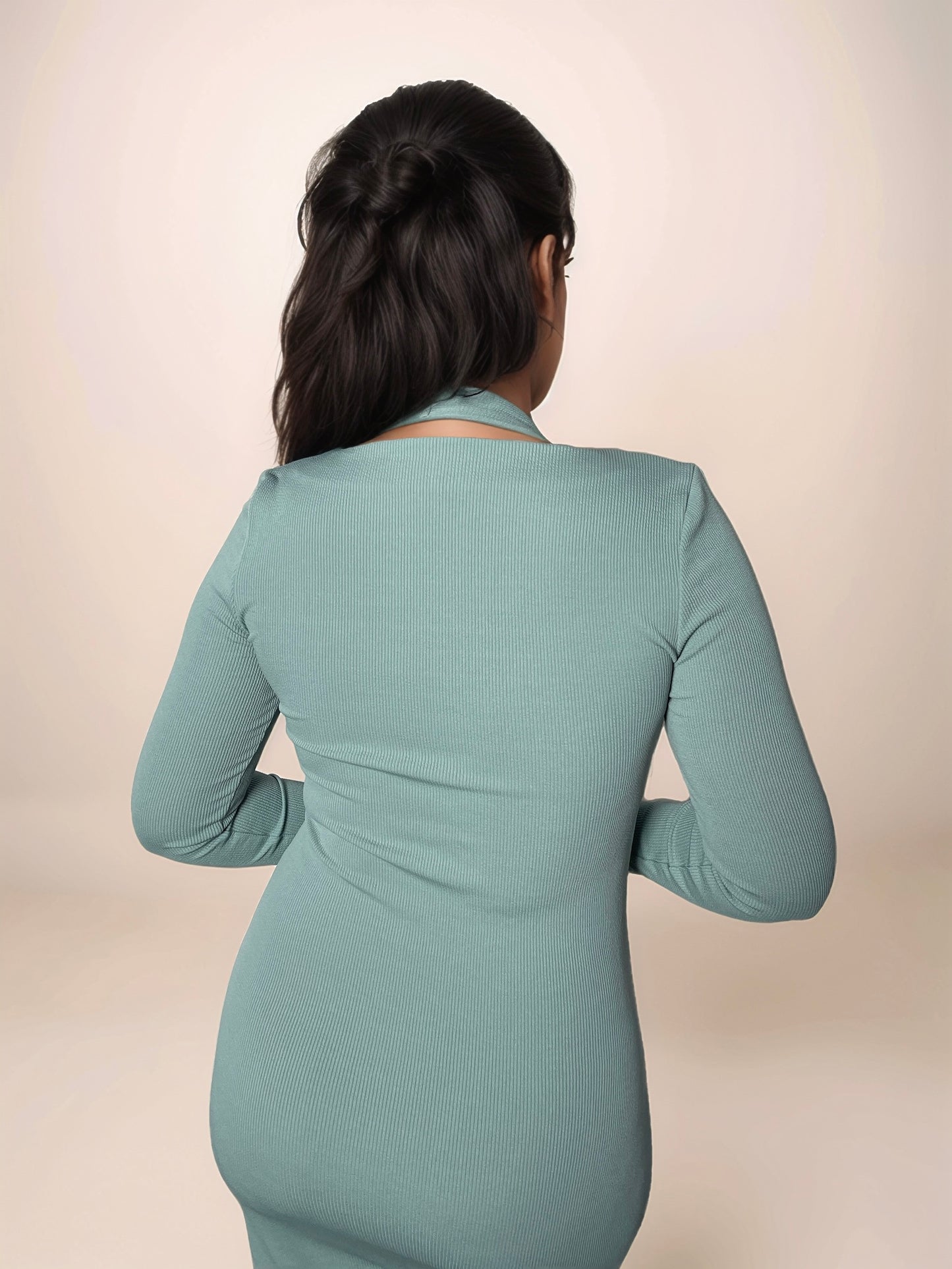 Verona Midi Rib Dress With Buckle Detail In Dusty Teal