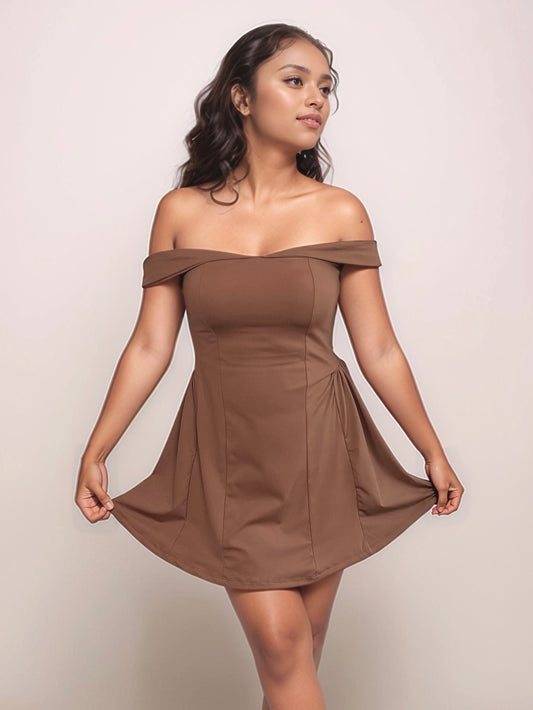Venus Off Shoulder Short Dress In Mocha Mousse