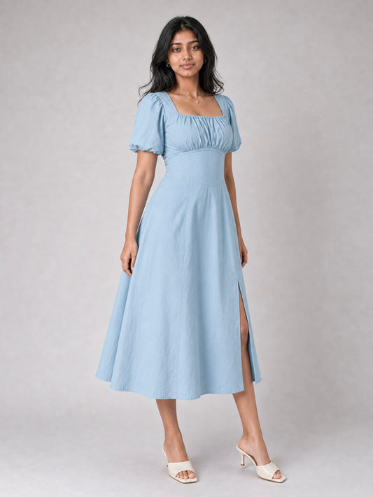 Tula Midi Dress With Basque Waist In Soft Blue