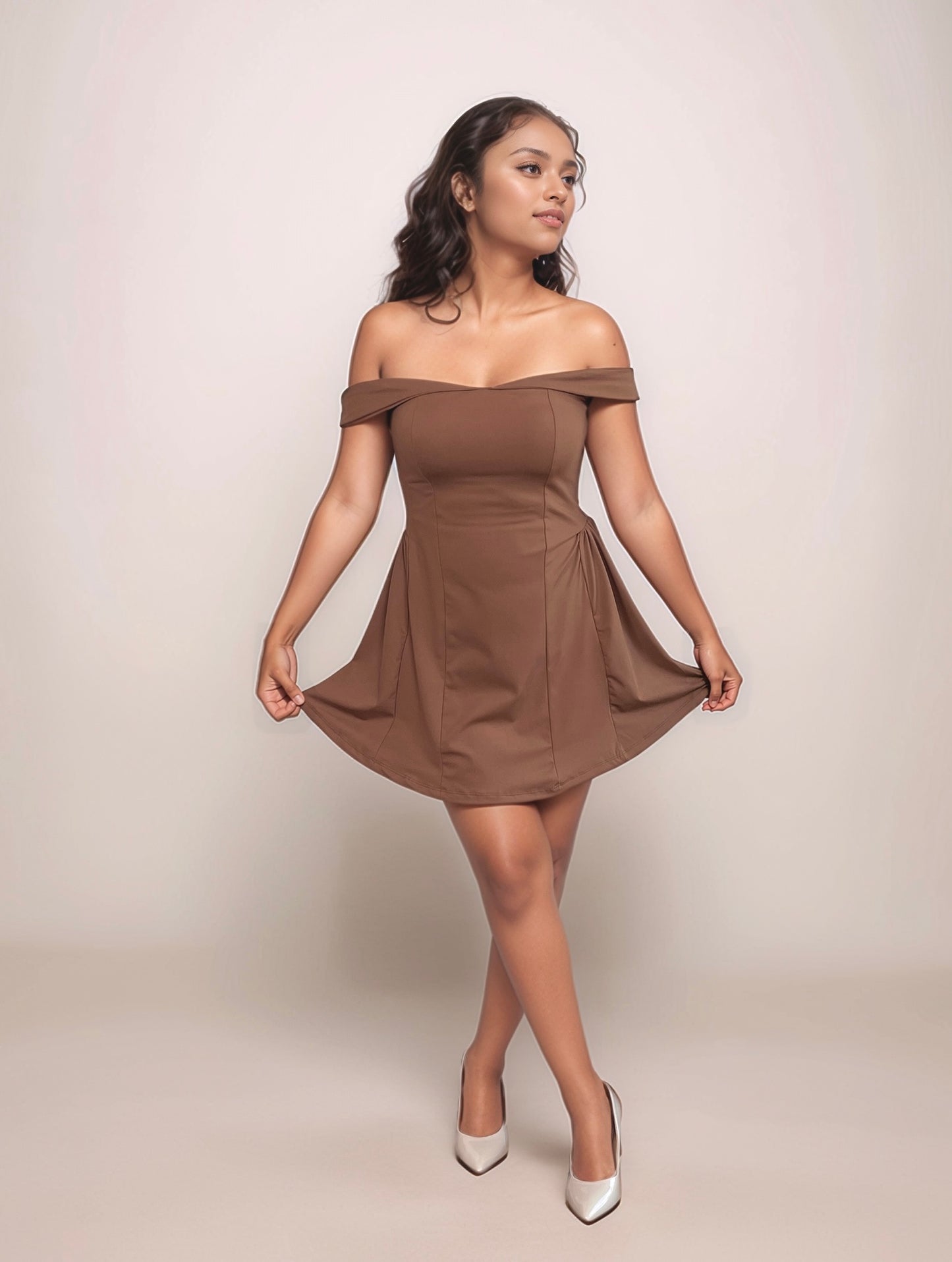 Venus Off Shoulder Short Dress In Mocha Mousse