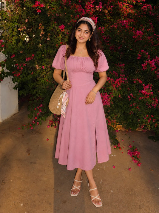 Tula Midi Dress With Basque Waist In Soft Pink