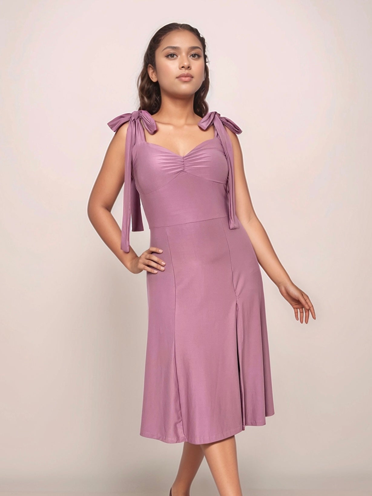 Talia Midi Dress With Tie Up Straps In Dusty Pink