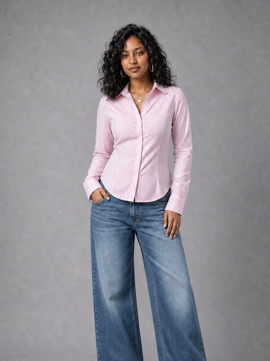 Elara Shirt With Corset Back In Pink Stripes