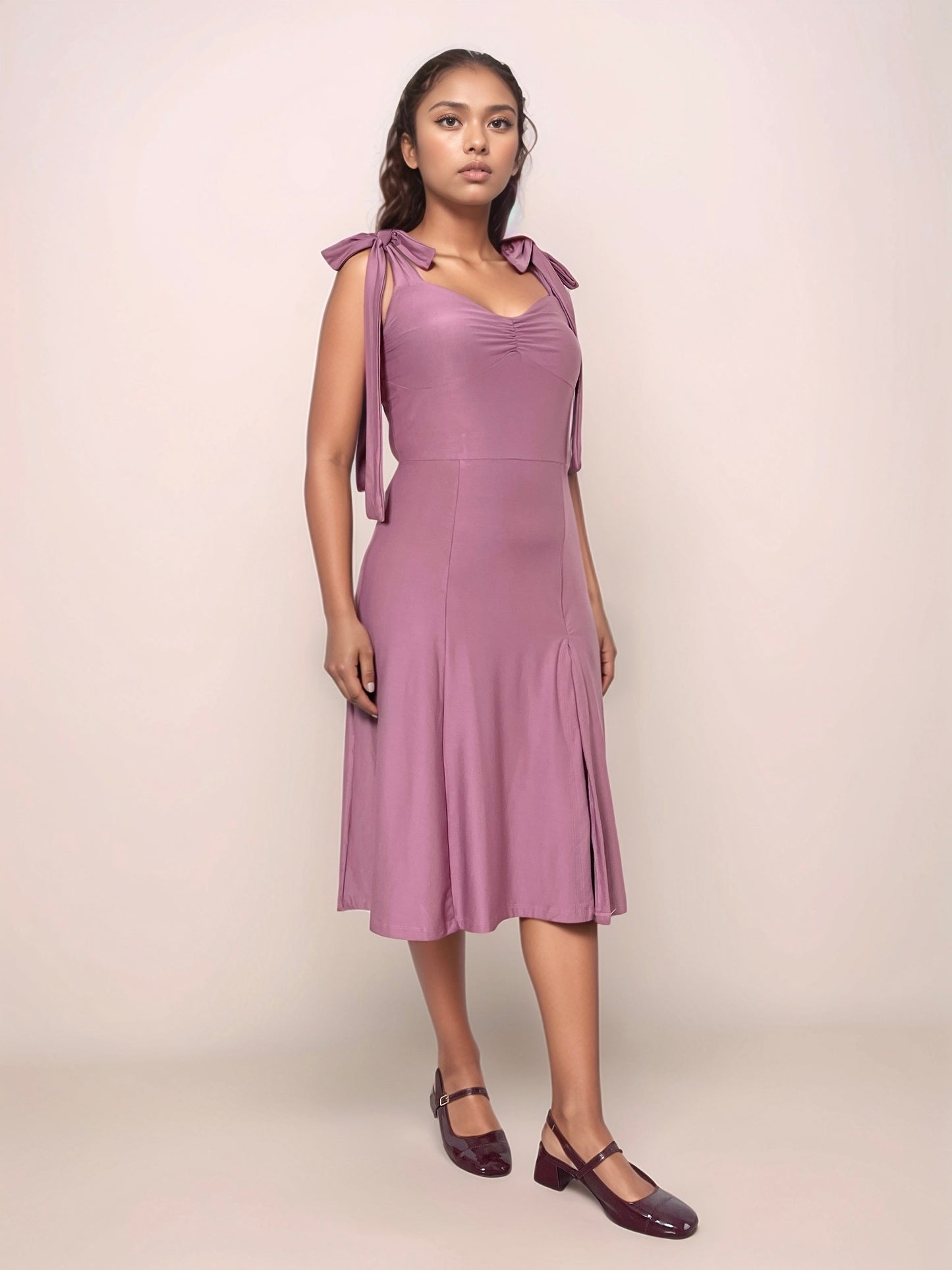 Talia Midi Dress With Tie Up Straps In Dusty Pink