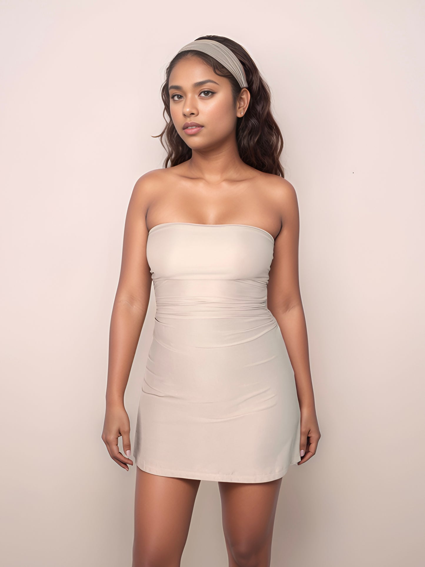 Barbie Gather Waist Mini Dress With Scarf In Light Beige