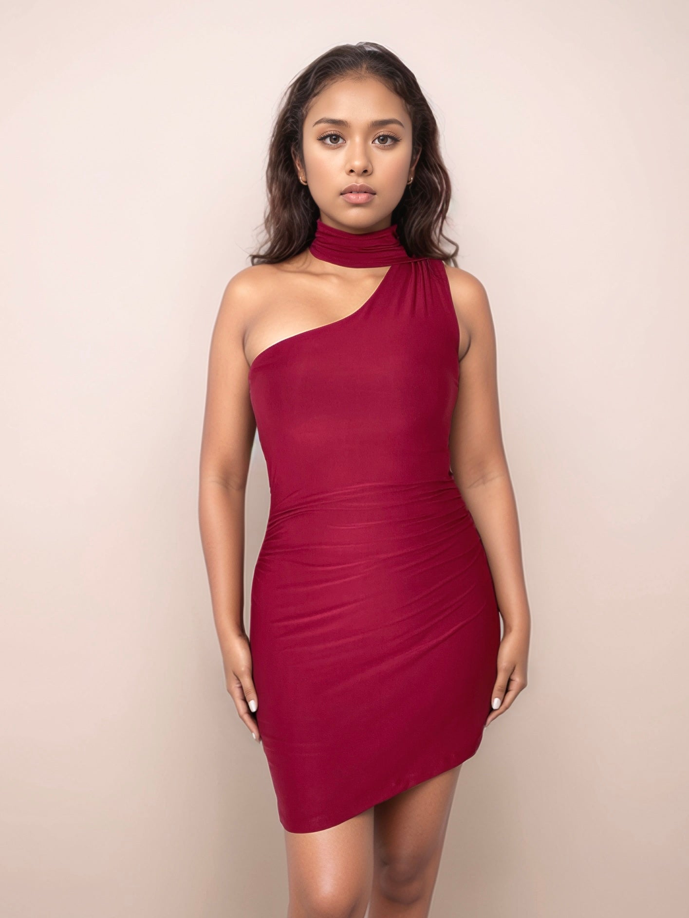 Polly Mini Dress With Attached Scarf In Cherry Red