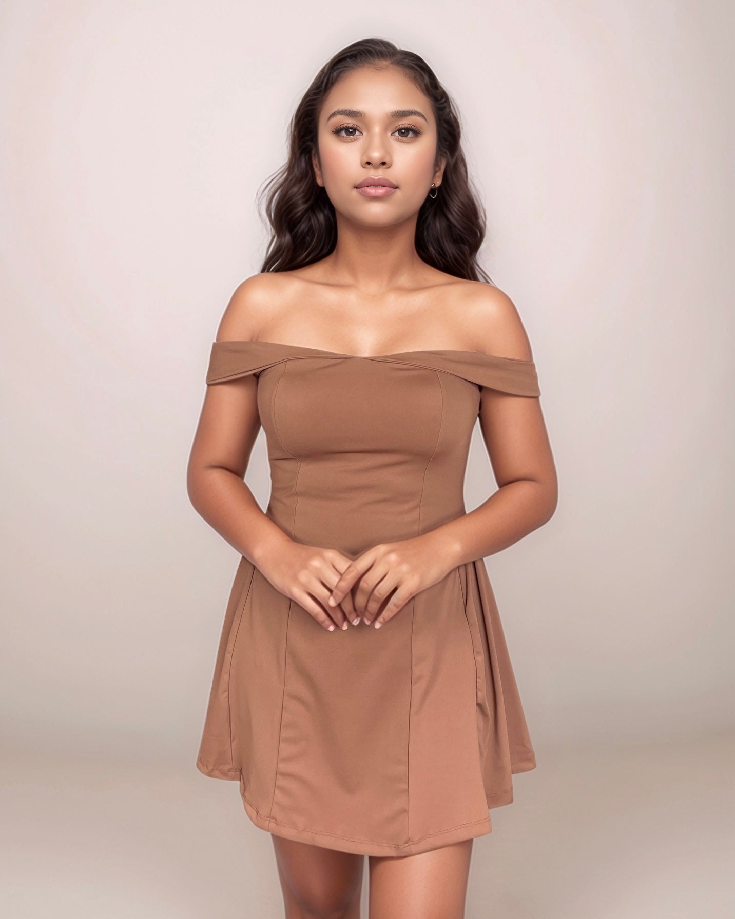 Venus Off Shoulder Short Dress In Mocha Mousse