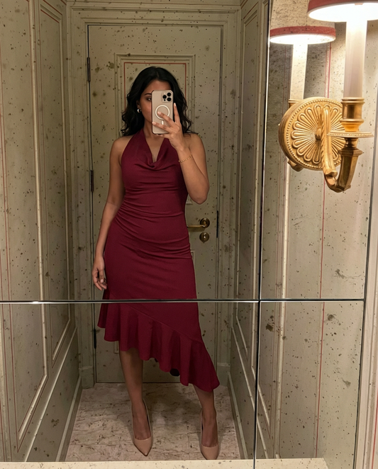 Mona Plunge Cowl Midi Dress In Deep Red