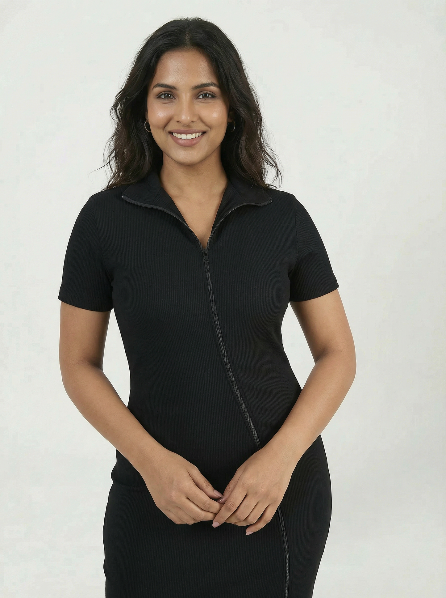 Toby Midi Rib Dress With 2 Way Zipper In Black