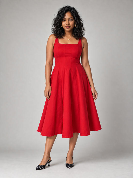 Willa Midi Dress With Panels In Red