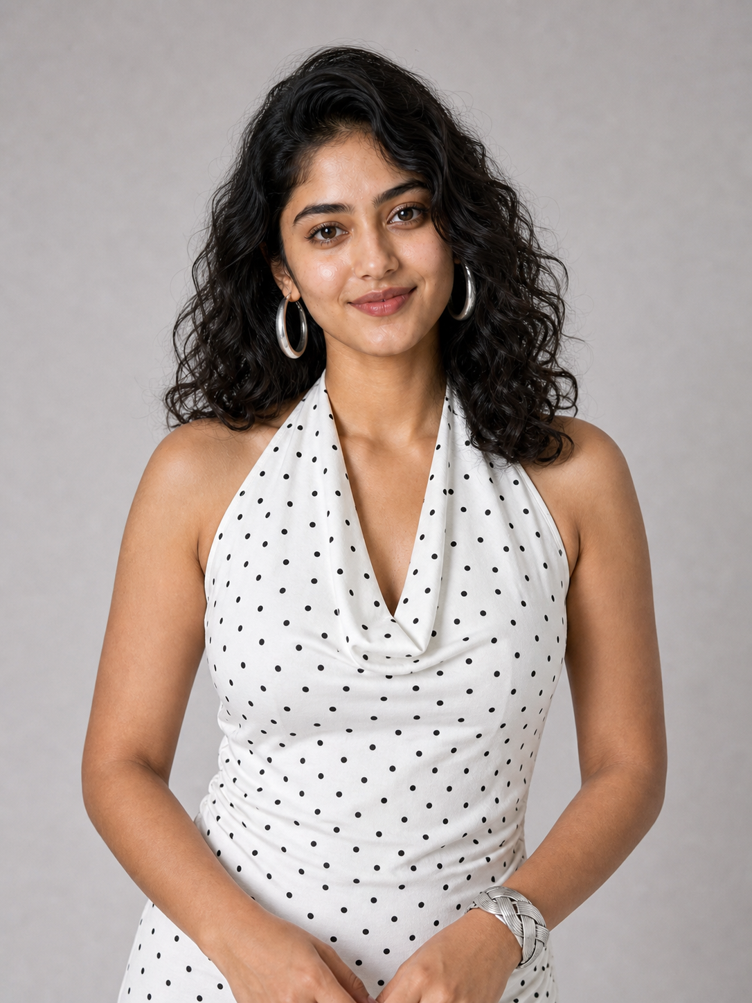 Mona Plunge Cowl Midi Dress In Polka Dot