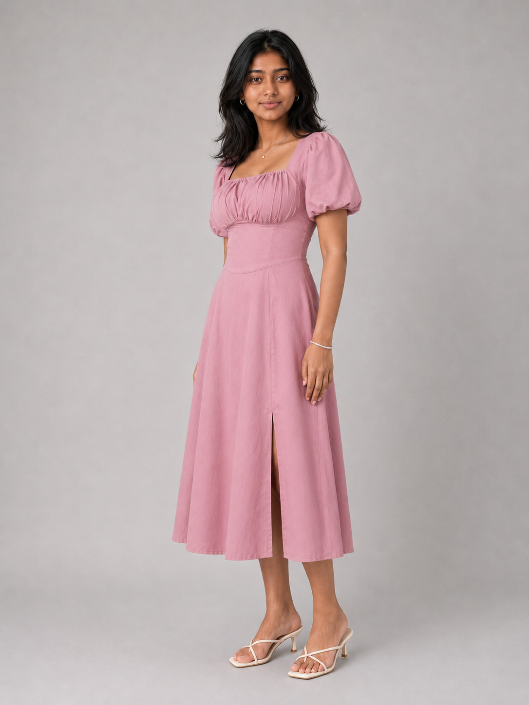 Tula Midi Dress With Basque Waist In Soft Pink