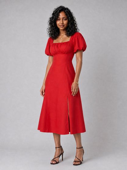 Tula Midi Dress With Basque Waist In Red