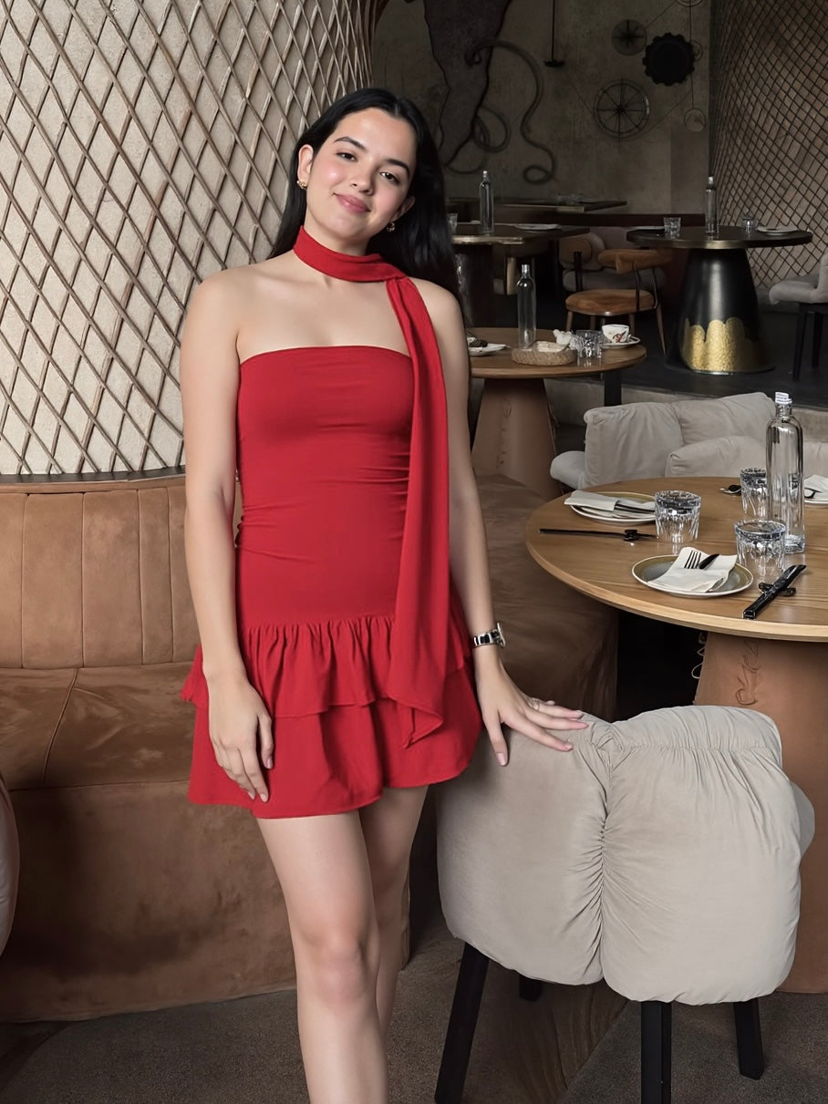 Marina Bandeau Dress With Scarf In Cherry Red