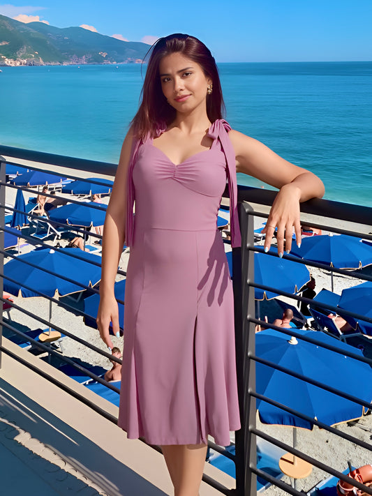 Talia Midi Dress With Tie Up Straps In Dusty Pink