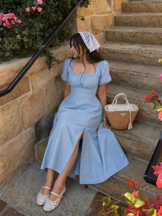 Tula Midi Dress With Basque Waist In Soft Blue
