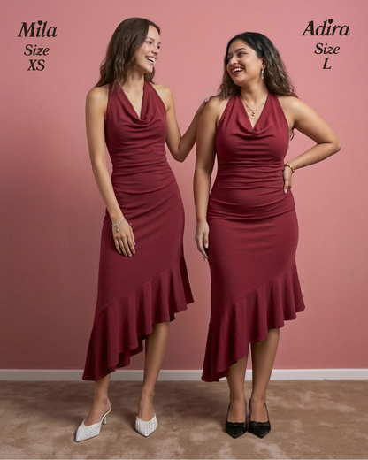 Mona Plunge Cowl Midi Dress In Deep Red