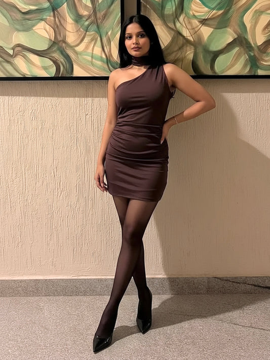 Polly Mini Dress With Attached Scarf In Chocolate Brown