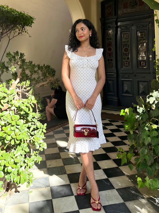 Tara Flounce Midi Dress In White Polka Dots