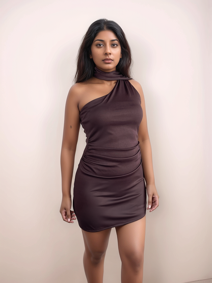 Polly Mini Dress With Attached Scarf In Chocolate Brown