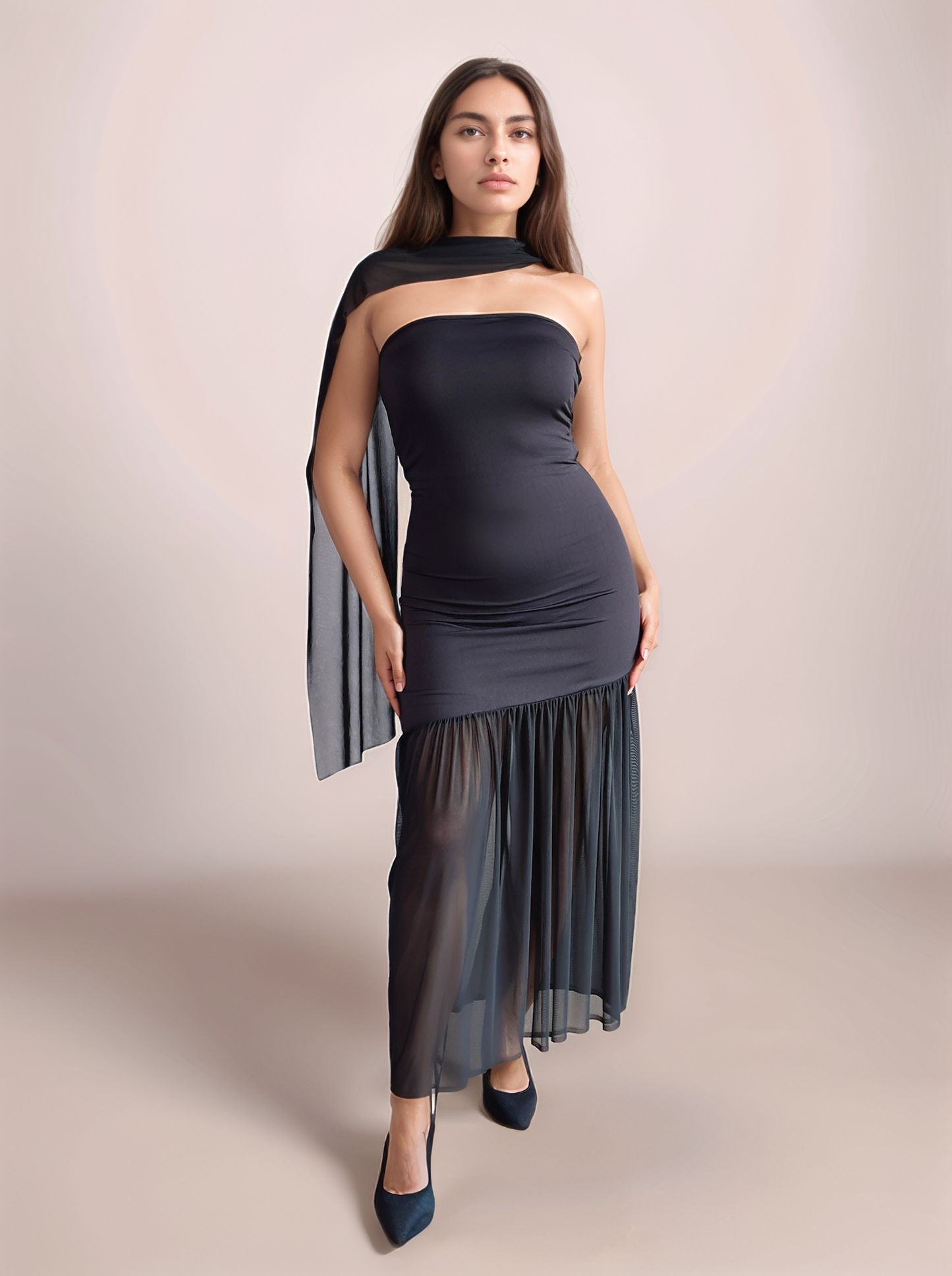 Sasha Bandeau Maxi Dress With Scarf In Black