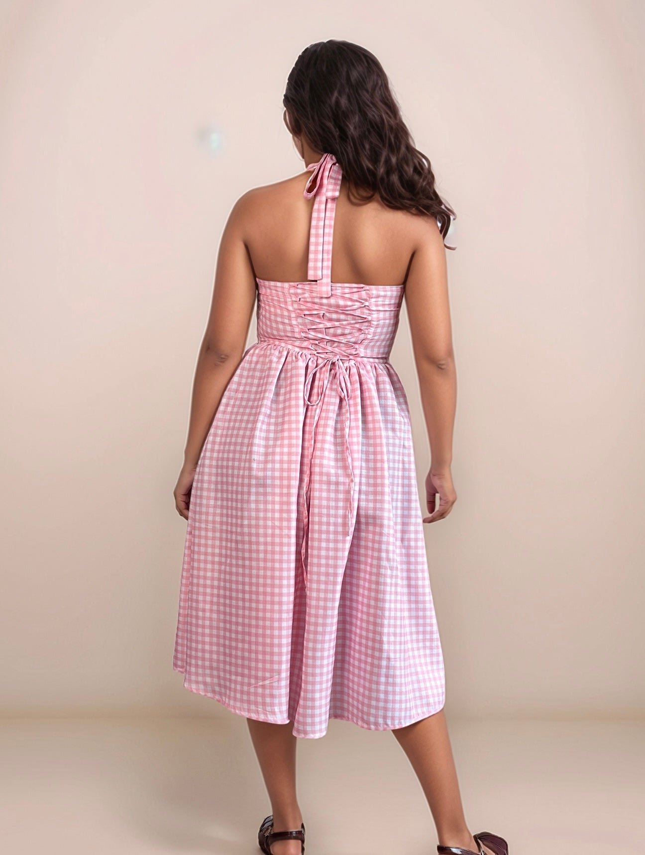 Valentina Halter Midi Dress In Pink Gingham