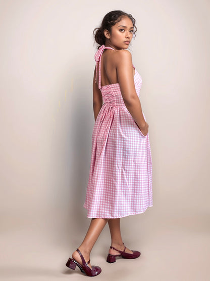 Valentina Halter Midi Dress In Pink Gingham