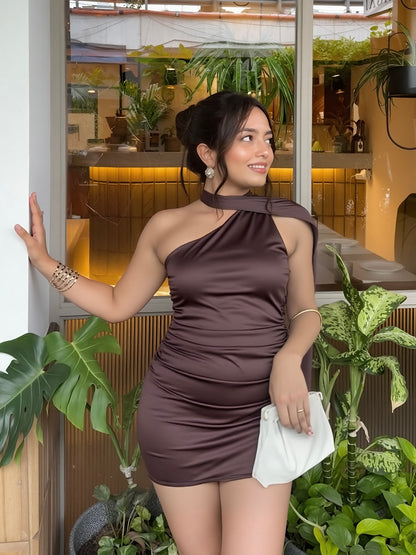 Polly Mini Dress With Attached Scarf In Chocolate Brown