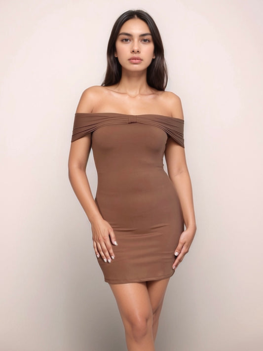 Diana Off Shoulder Mini Dress With Bow Detail In Mocha Mousse
