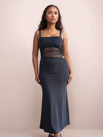 Selene Maxi Dress With Mesh Cutout In Black