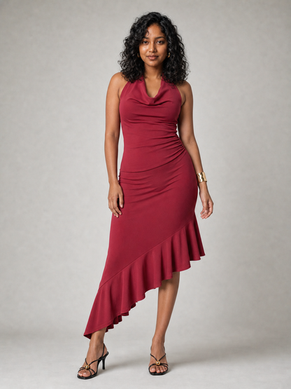 Mona Plunge Cowl Midi Dress In Deep Red