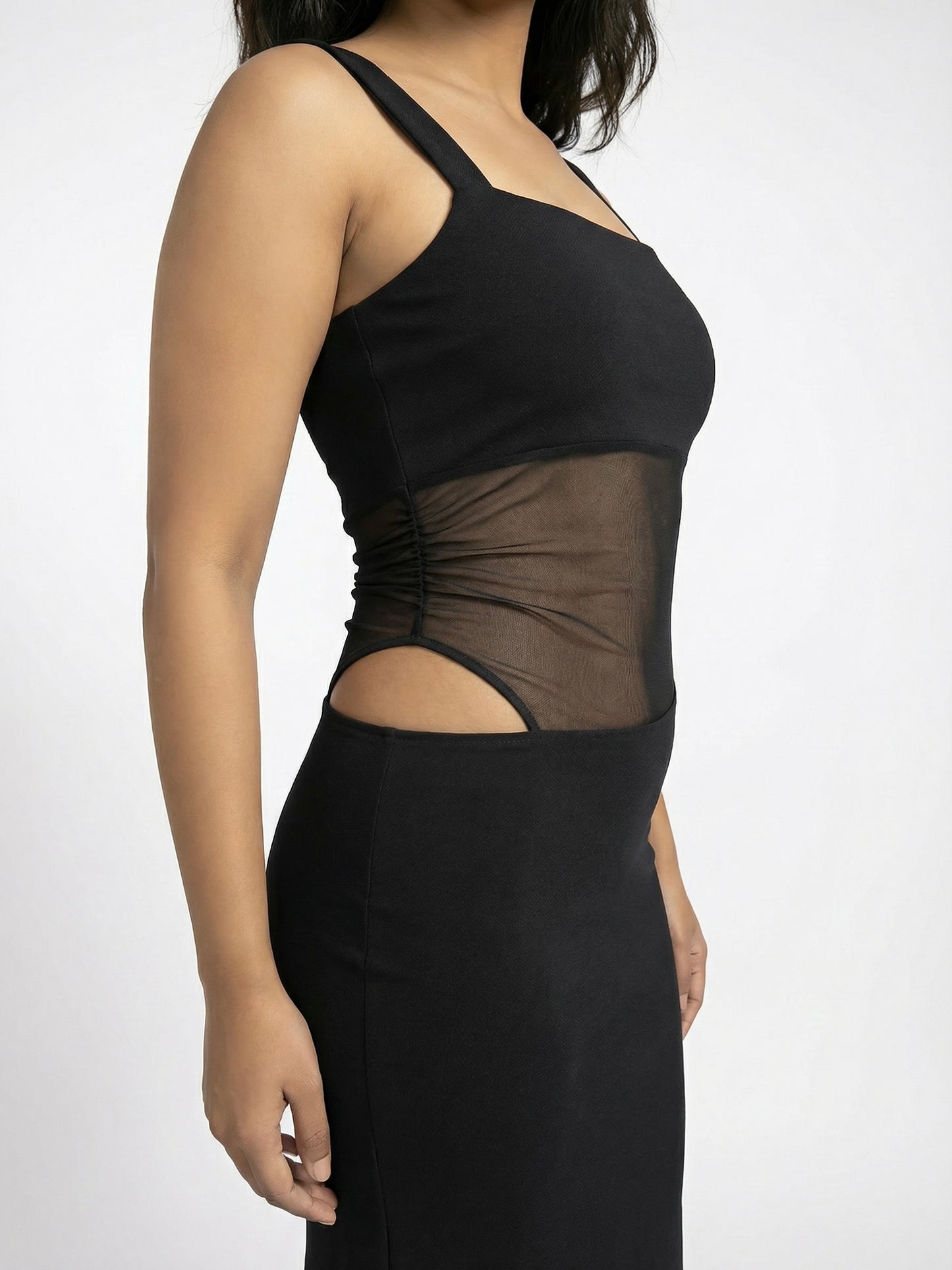 Selene Maxi Dress With Mesh Cutout In Black