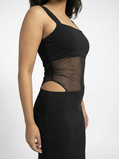 Selene Maxi Dress With Mesh Cutout In Black