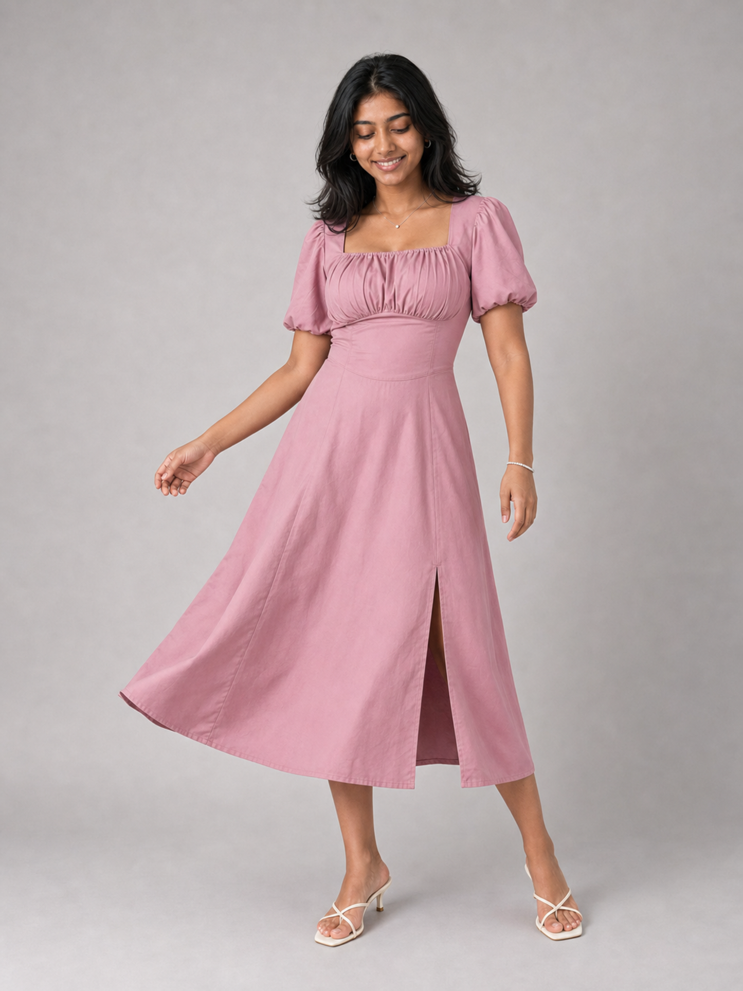 Tula Midi Dress With Basque Waist In Soft Pink