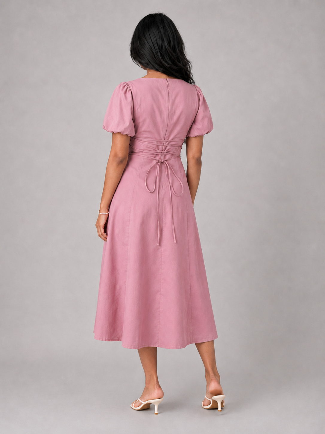 Tula Midi Dress With Basque Waist In Soft Pink