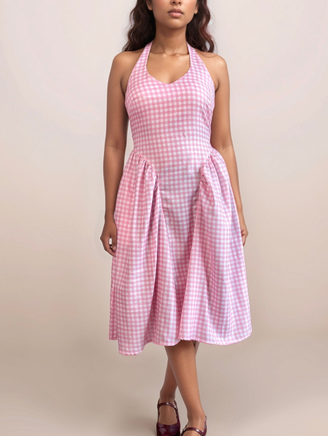Valentina Halter Midi Dress In Pink Gingham