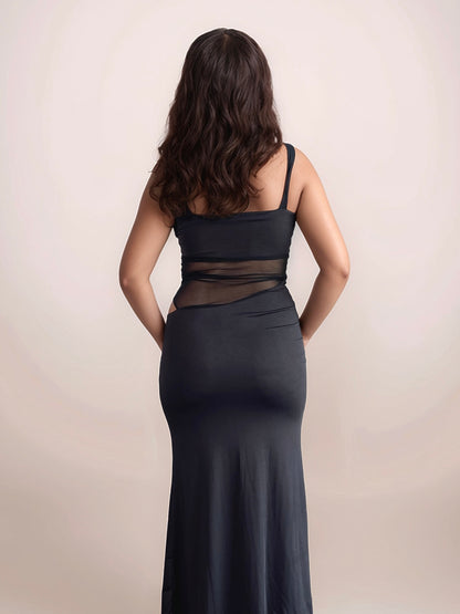 Selene Maxi Dress With Mesh Cutout In Black