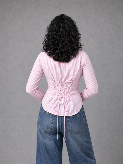 Elara Shirt With Corset Back In Pink Stripes