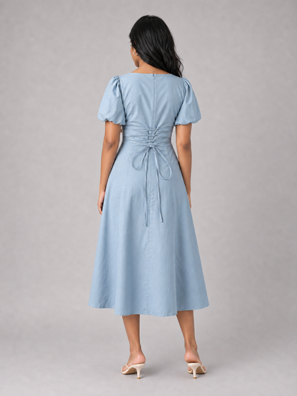Tula Midi Dress With Basque Waist In Soft Blue