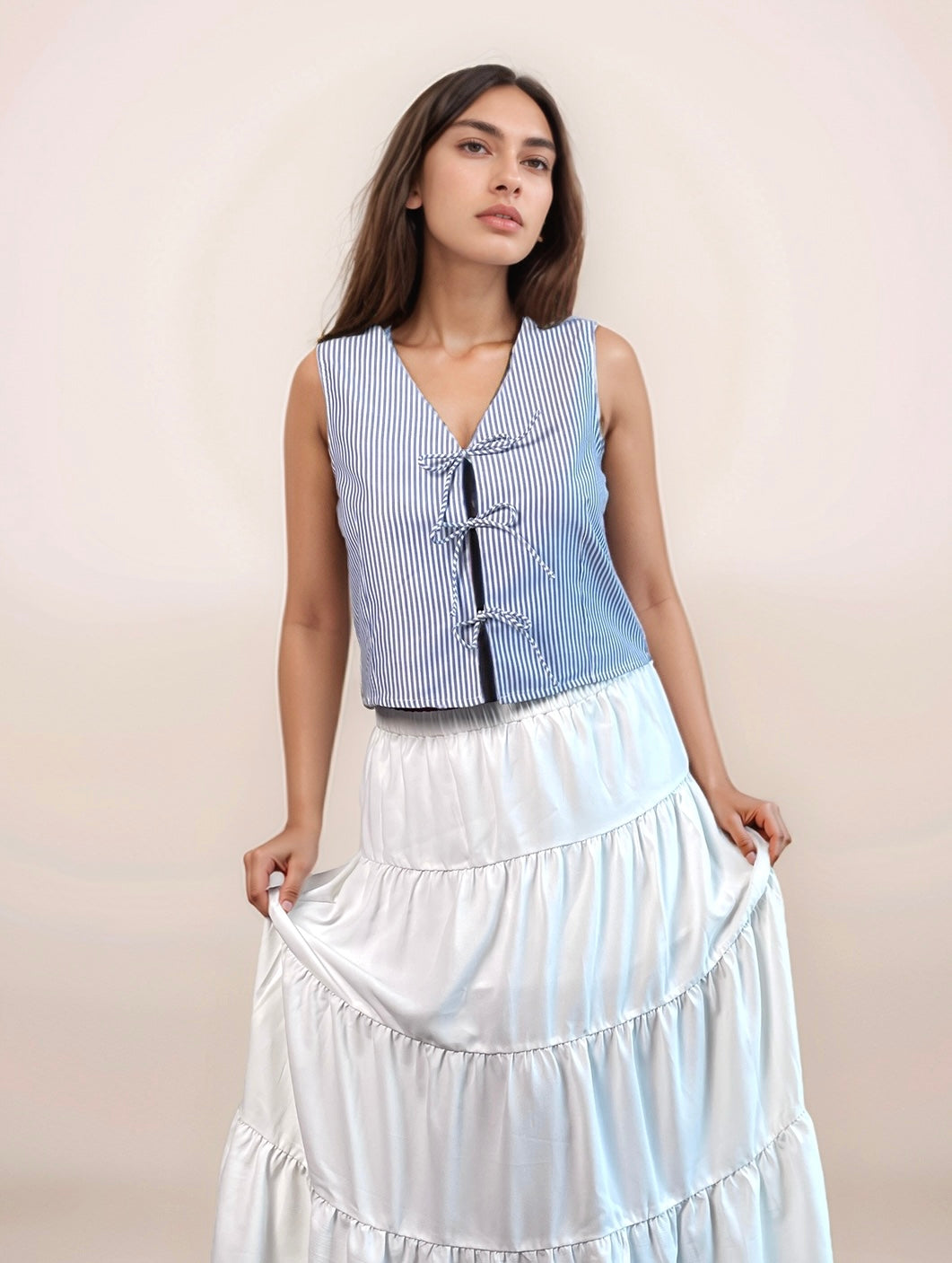 Lexi Striped Tie Up Top In Oxford Blue