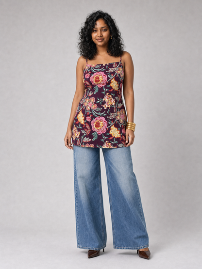 Raha Short Kurti With Corset Back In Purple Floral