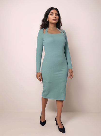 Verona Midi Rib Dress With Buckle Detail In Dusty Teal