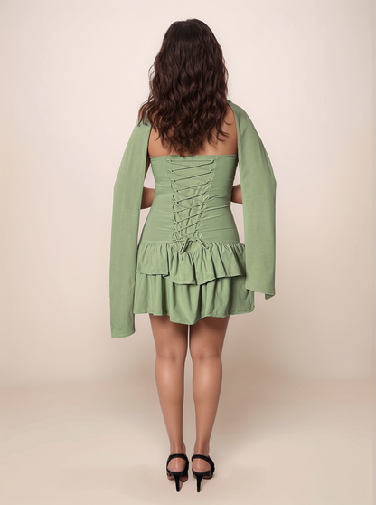 Marina Bandeau Dress With Scarf In Matcha Green